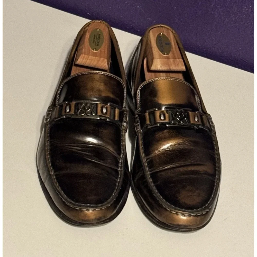 Mezlan Custom Pinhead Brown Black High Gloss Leather Loafers 10.5 Men Rare